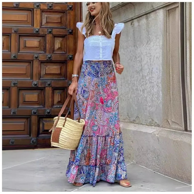 Fashionable Summer, Women's Printed, Long Skirt, Ruffled