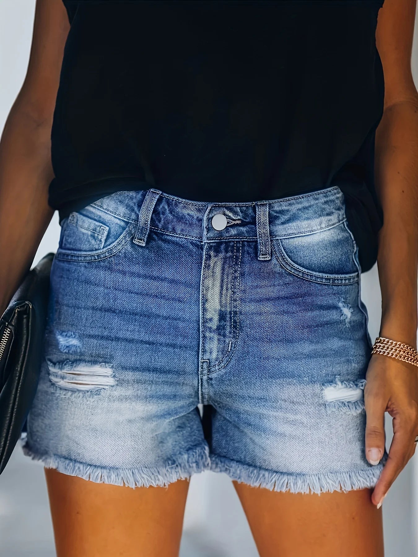 Women's Blue Frayed Hem, Denim Shorts. Ripped Holes.