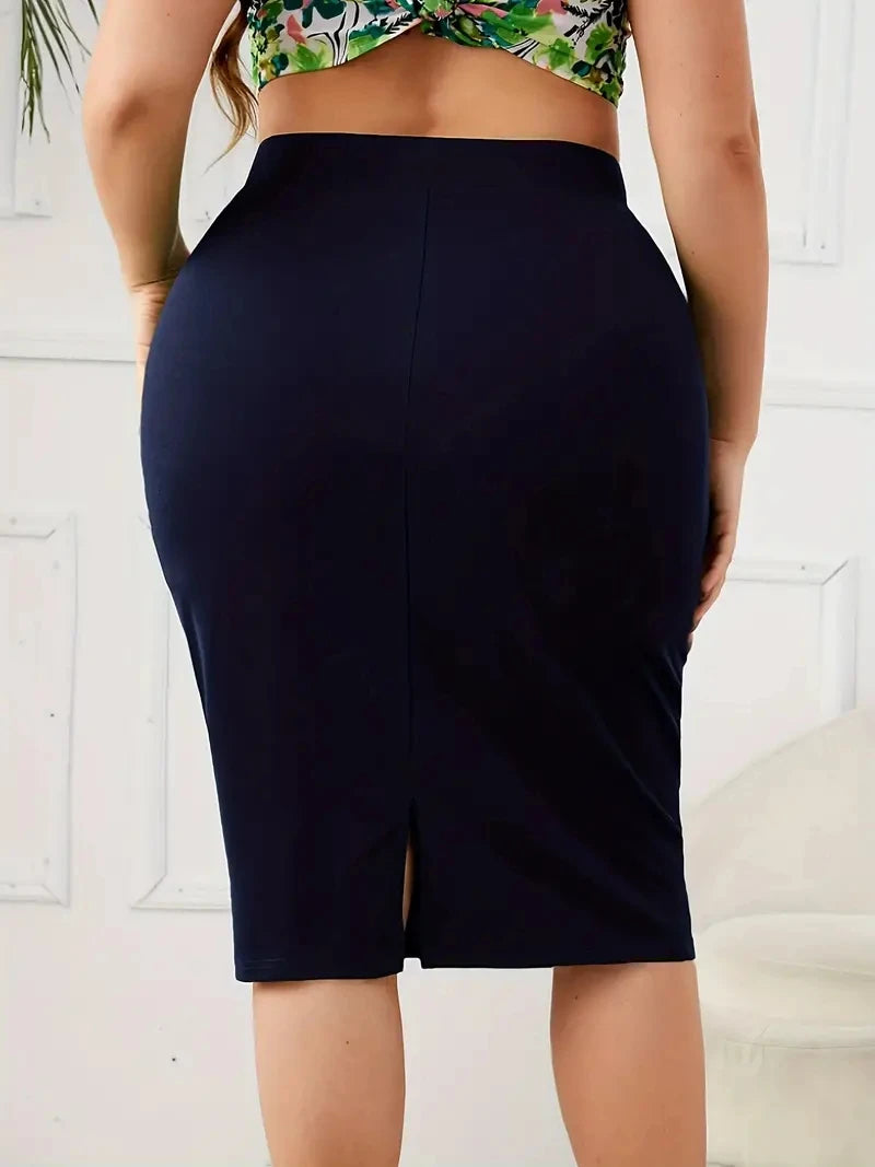 Summer, Solid Slim Skirt, Casual, High Waist, Slit Skirt, Plus Size