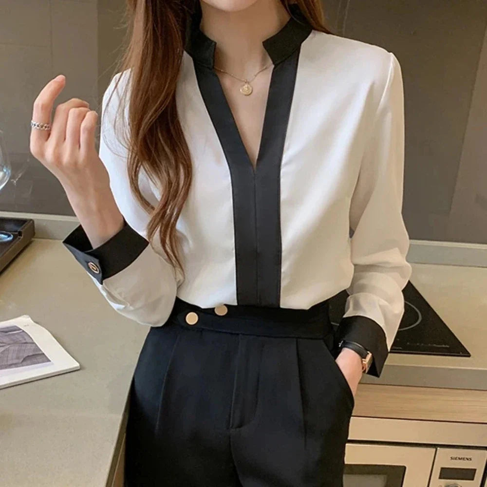 Women's Black Striped Chiffon Dress Collar Blouse, Full Length Sleeve