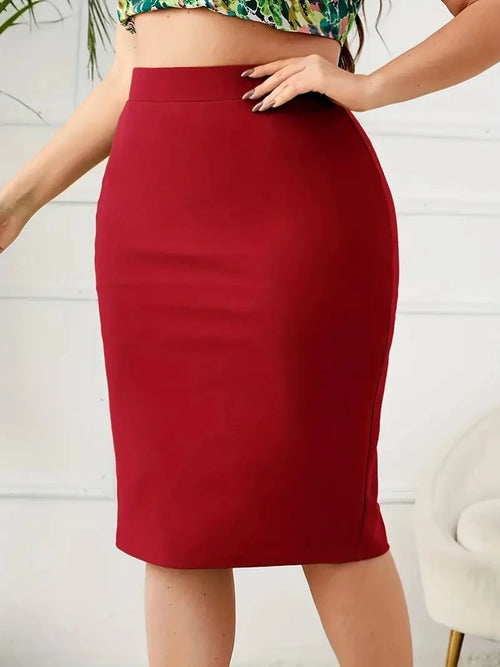 Summer, Solid Slim Skirt, Casual, High Waist, Slit Skirt, Plus Size