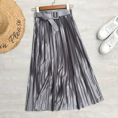 High Waist, Elegant Stain, Women's Pleated Skirt with Belt