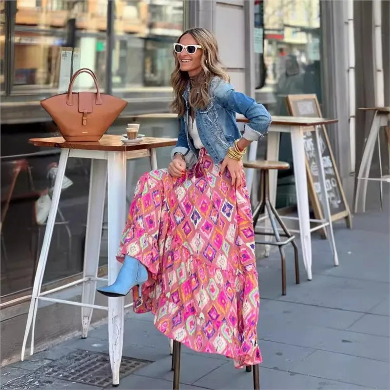 Fashionable Summer, Women's Printed, Long Skirt, Ruffled