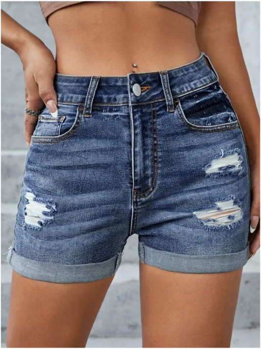 High Waist. Ripped Pocket Design. Stretchy Denim Shorts