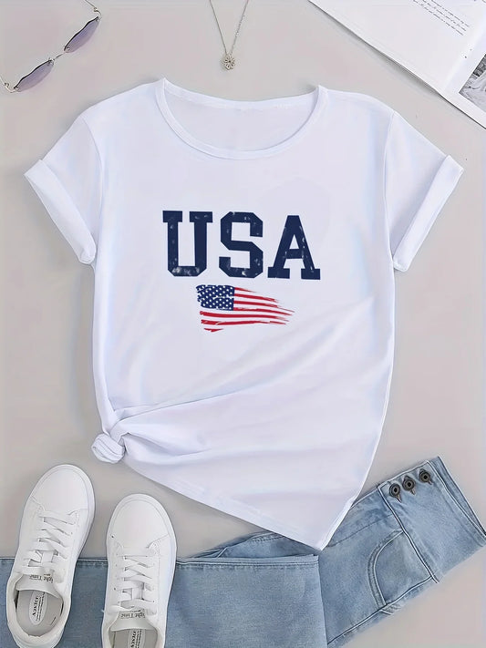 American Flag Graphic Casual Sports T-shirts, USA Letter Fashion Round