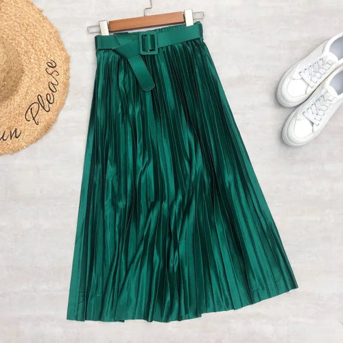 High Waist, Elegant Stain, Women's Pleated Skirt with Belt