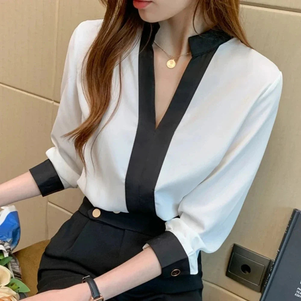 Women's Black Striped Chiffon Dress Collar Blouse, Full Length Sleeve