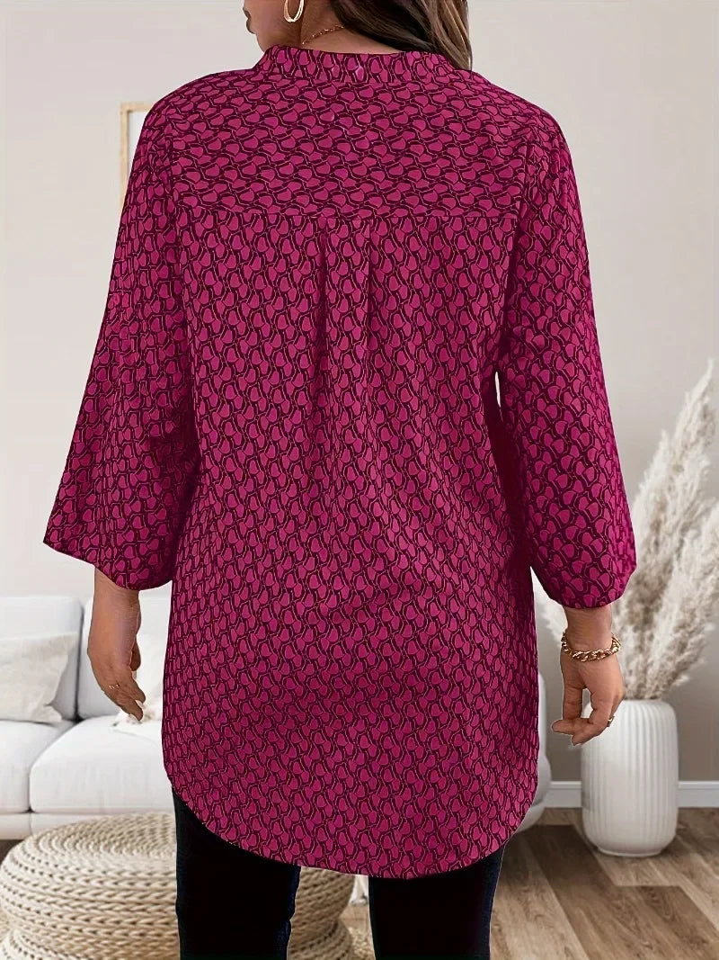 Women's Plus Size Printed Curly Sleeve Top Casual V-neck Three Quarter