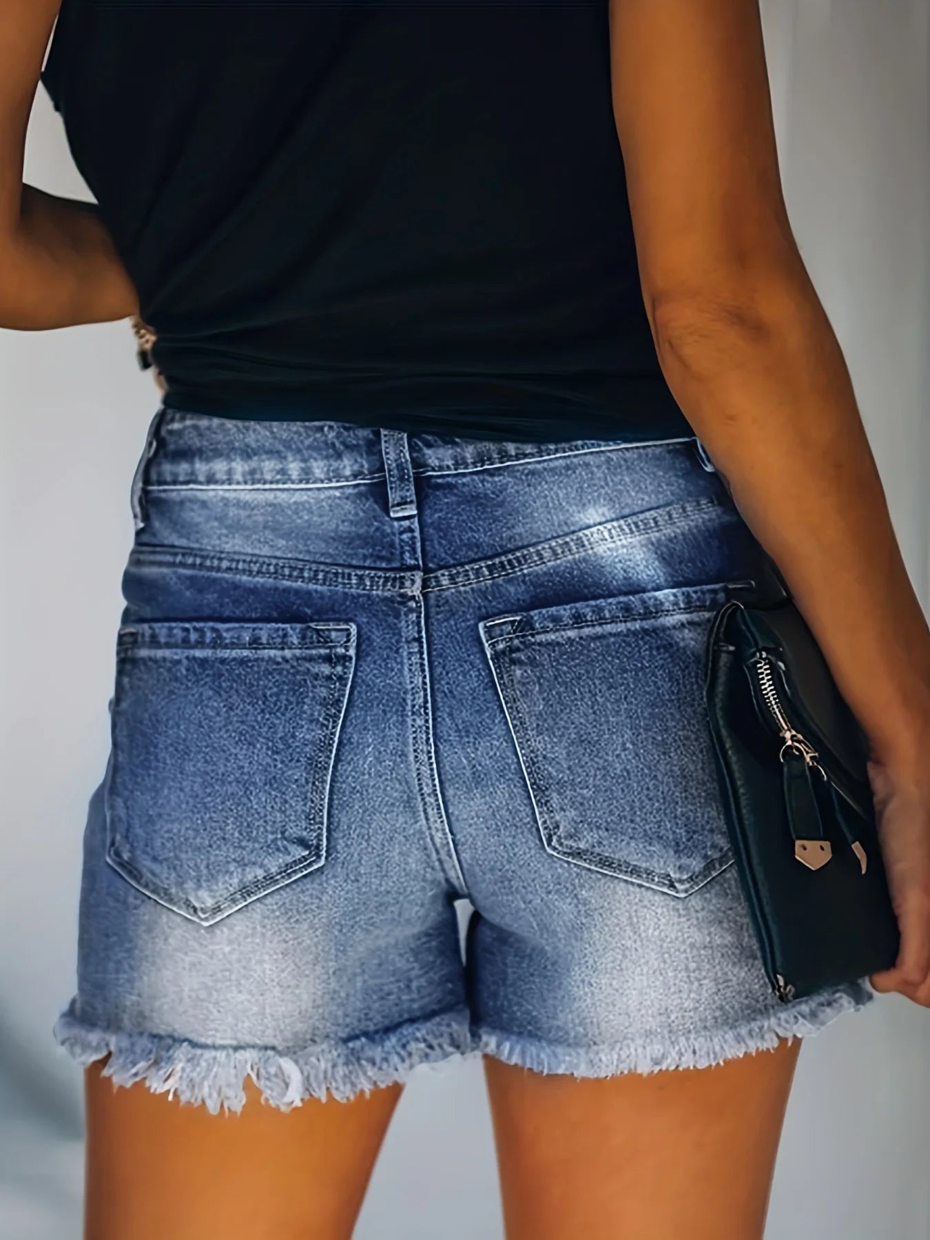 Women's Blue Frayed Hem, Denim Shorts. Ripped Holes.