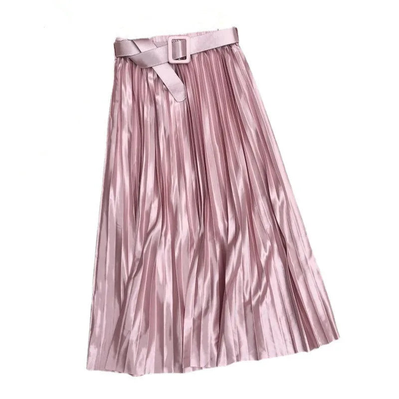 High Waist, Elegant Stain, Women's Pleated Skirt with Belt