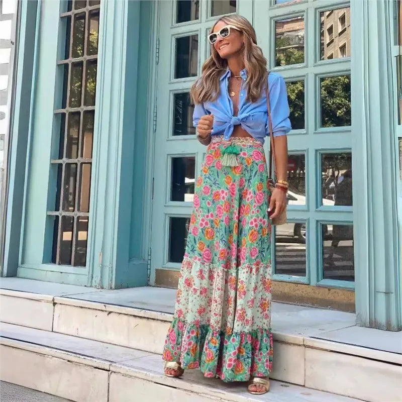 Fashionable Summer, Women's Printed, Long Skirt, Ruffled