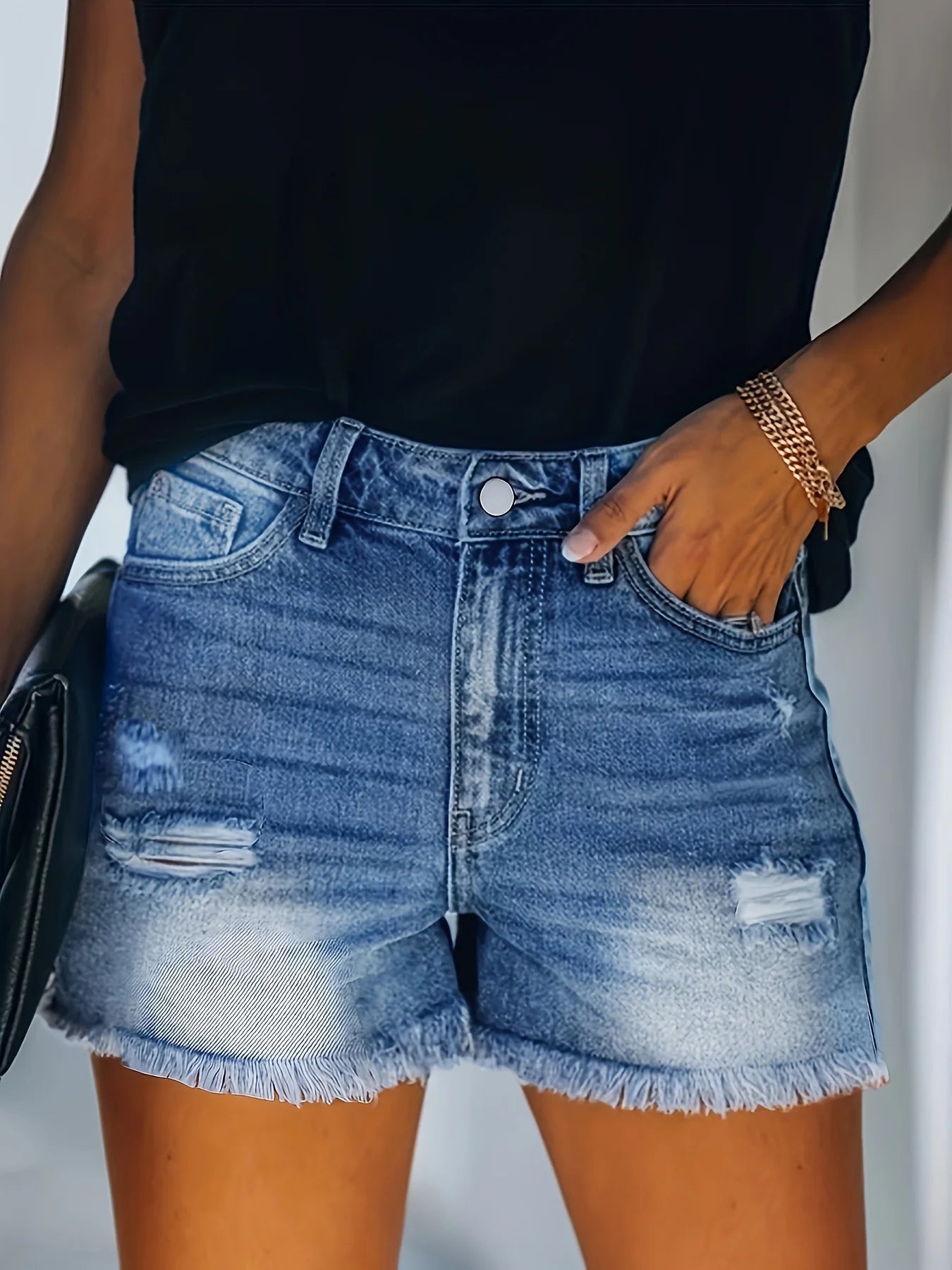 Women's Blue Frayed Hem, Denim Shorts. Ripped Holes.