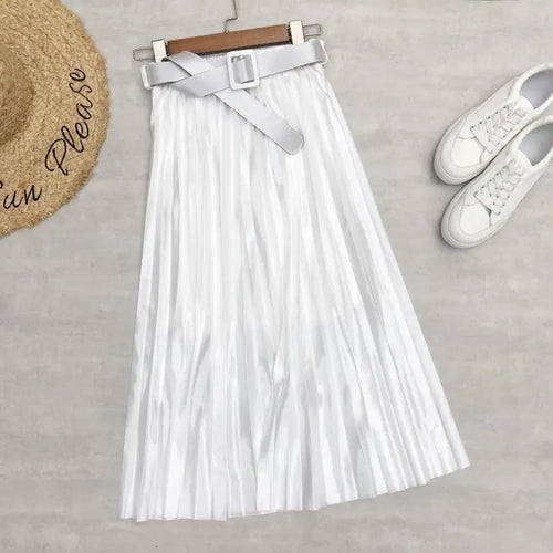 High Waist, Elegant Stain, Women's Pleated Skirt with Belt