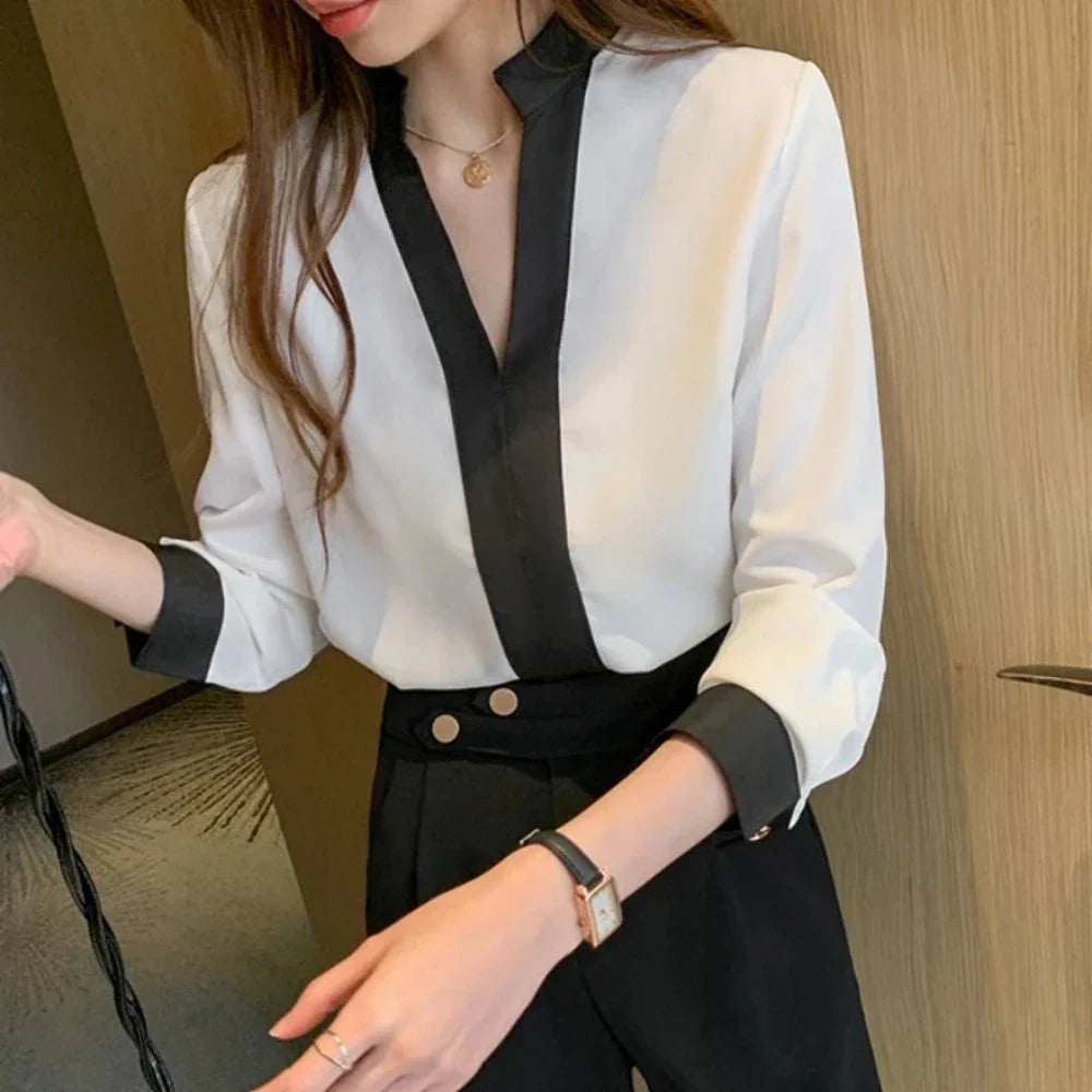 Women's Black Striped Chiffon Dress Collar Blouse, Full Length Sleeve