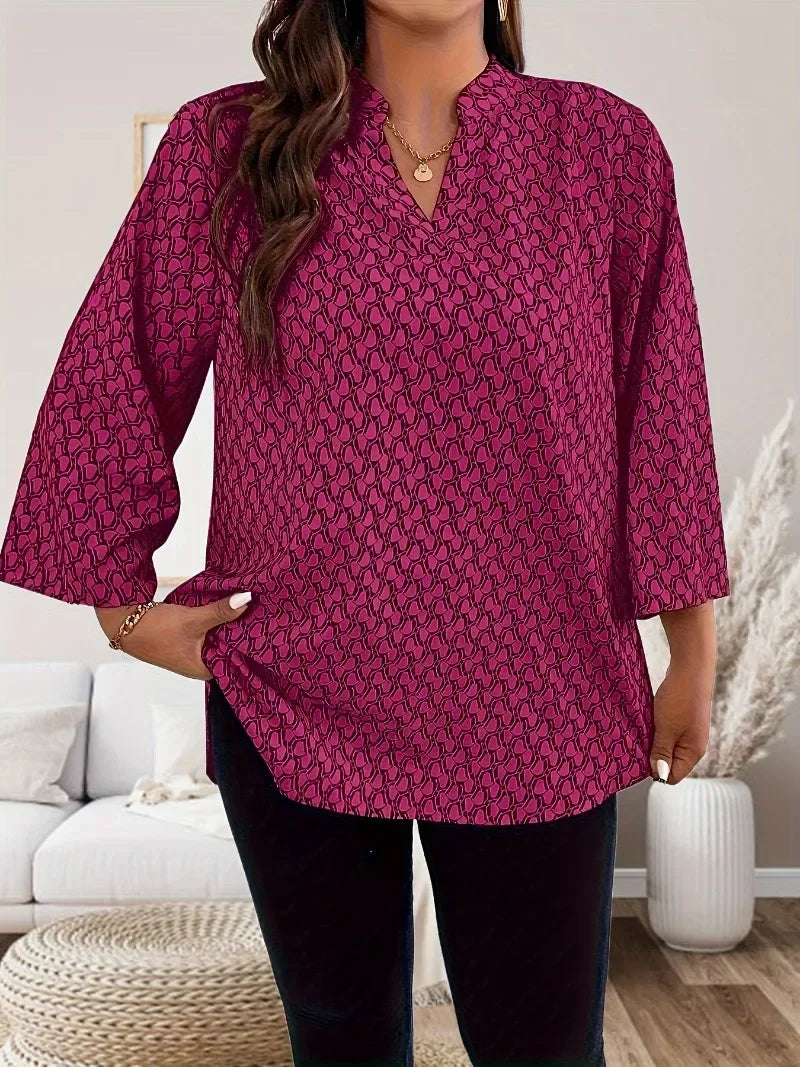 Women's Plus Size Printed Curly Sleeve Top Casual V-neck Three Quarter