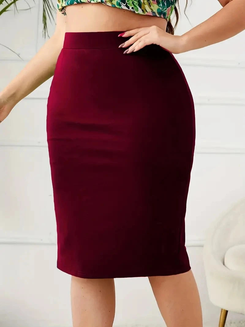 Summer, Solid Slim Skirt, Casual, High Waist, Slit Skirt, Plus Size