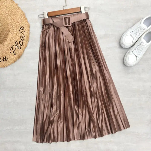 High Waist, Elegant Stain, Women's Pleated Skirt with Belt