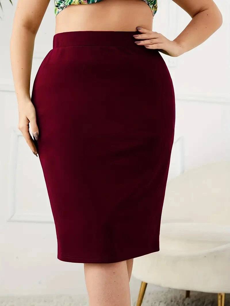 Summer, Solid Slim Skirt, Casual, High Waist, Slit Skirt, Plus Size