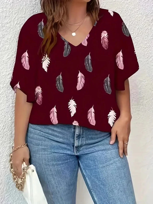 Casual, Women's Plus Size, Feather Print, V Neck Bell