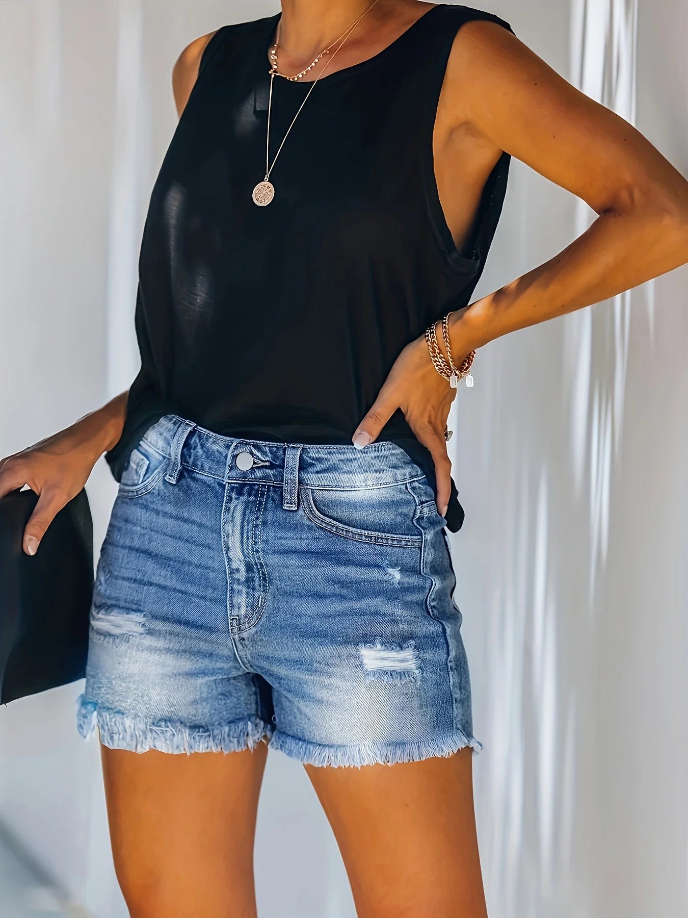 Women's Blue Frayed Hem, Denim Shorts. Ripped Holes.