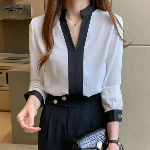 Women's Black Striped Chiffon Dress Collar Blouse, Full Length Sleeve